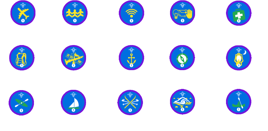 Air Activities (stages 1-6) Digital Citizen (stages 1-4) Community Impact (stages 1-4) Digital Maker (stages 1-5) Emergency Aid (stages 1-5) Paddle Sports (stages 1-4) Sailing (stages 1-4) Snowsports (stages 1-4) Swimmer (stages 1-5) Time on the Water (stages 1-50) Hikes Away (stages 1-50) Nautical Skills (stages 1-6) Musician (stages 1-5) Navigator (stages 1-5) Nights Away (stages 1-200)